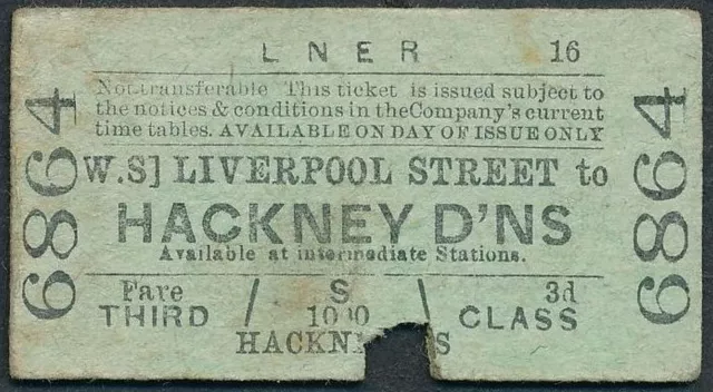 LNER Eisenbahnticket 3. Cl Liverpool St WS - Hackney D'ns 1926 QY7563