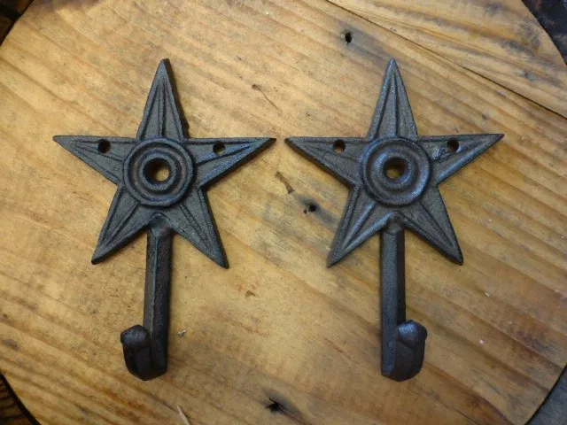 2 SMALL 6" BROWN STAR WALL HOOKS ANTIQUE-STYLE CAST IRON western rustic hat coat