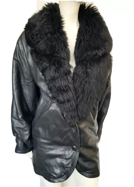 Real leather&Large sheepskin wool collar vintage Lady's  jacket sz 14 16 VGC