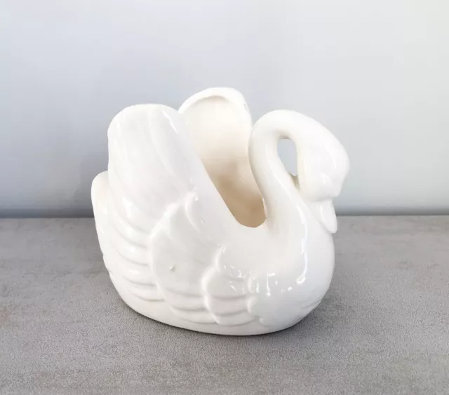 Vintage White Ceramic Swan Shaped Vase / Planter / Plant Pot