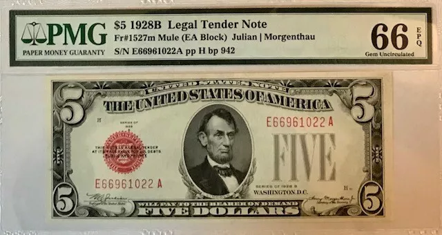 USA - Legal Tender Note - $5 - 1928B - MULE - Fr-1527m - PMG 66 EPQ - GEM UNC.