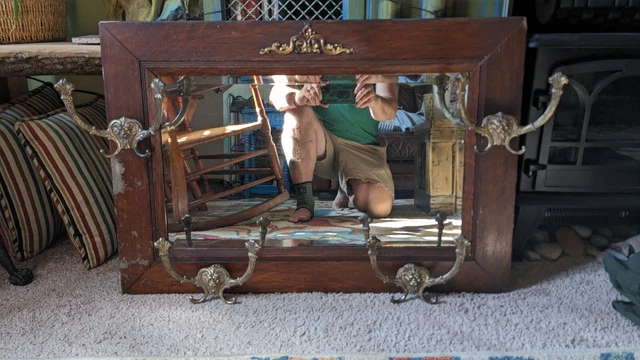 Antique Oak Beveled Mirror With Lion Head Hooks
