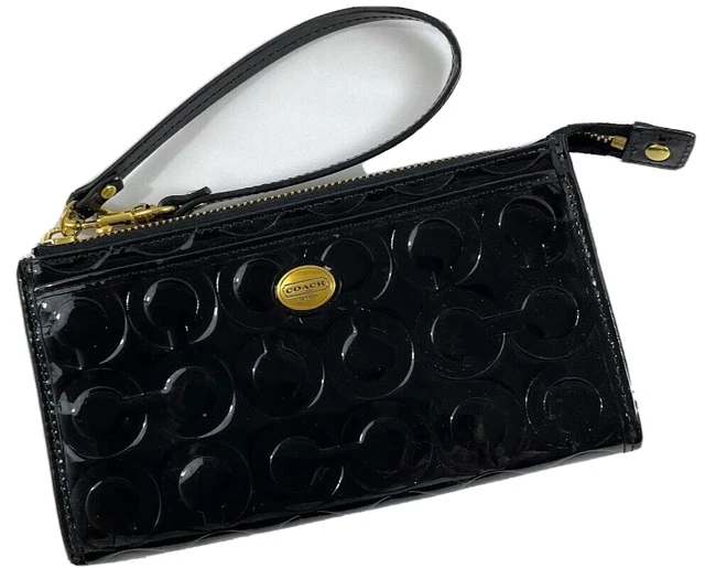 Coach Peyton Black Embossed Patent Zippy Wallet Wristlet