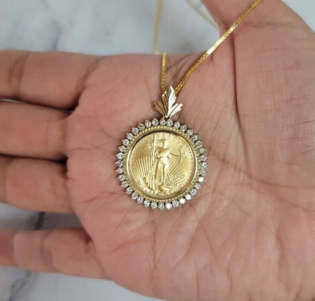 2Ct Round Cut Moissanite Men's Lady Liberty Coin Pendentif Or Jaune Plaqué