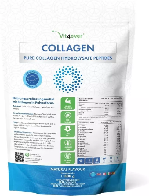Collagen Pulver 500g - 100% Rinder Kollagen Hydrolysat Pepeptide - Neutral