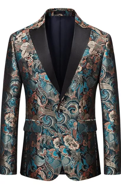 Barry Wang Mens Tailored Blazer Floral Paisley Jacket Peak Lapel Multicolored XL