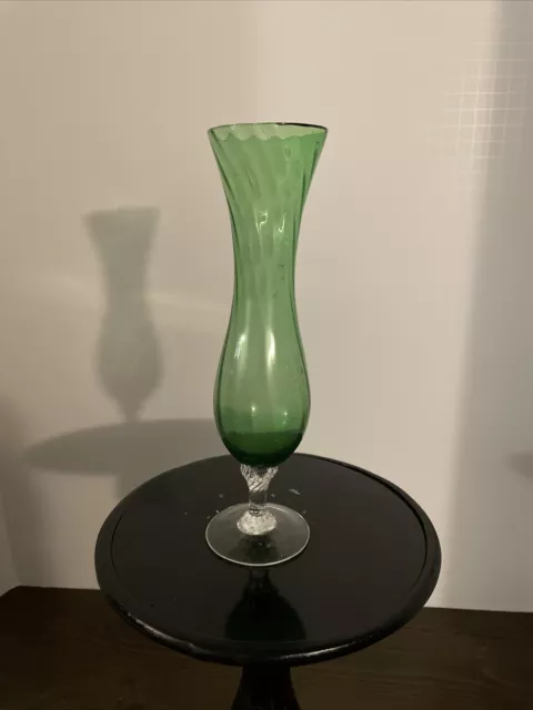 Vintage Hand Blown Green Glass Bud Vase with Clear Swirled Pedestal Base