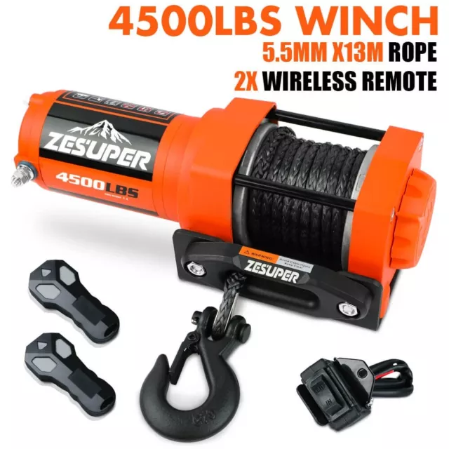 12V Electric Winch 4500lb Synthetic Rope Boat Winch ATV Winch Trailer Winch 4WD