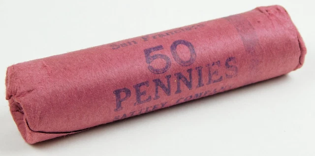 1952-S 1c Bank Wrapped Roll of Lincoln Wheat Back Pennies BU B8310