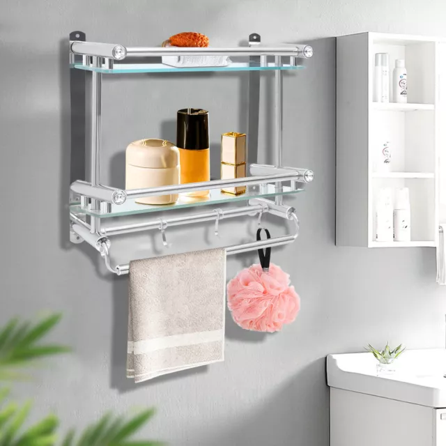 Bathroom Shelf Tempered Glass Floating Storage Rack Wall Mounted Towel Hanger