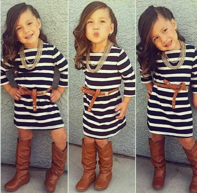 2pcs Baby Girls Long Sleeve Striped Dress + Belt Set Kids Casual Clothes Outfits