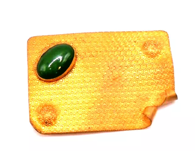 Art Nouveau Era~Sash Pin~Gold Plated Brass~Green Bezel Set Cabochon~c. 1900