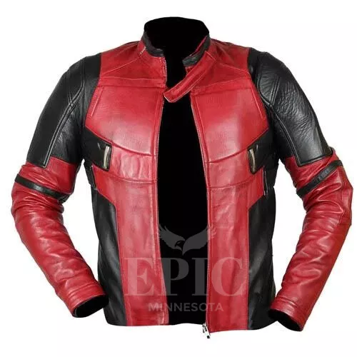 Ryan Reynolds Deadpool Front Zip Closure Red and Black Leather Motorcycle Jacket