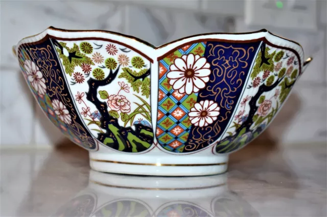 Imari Style Porcelain Large 9 Inch Lotus Bowl Blue Red Gold Hand Painted Vintage
