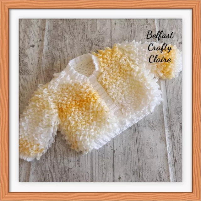 Beautiful Hand Knitted Baby LOOPY Cardigan - Coat - YELLOW WHITE MIX - 0-6 Mths