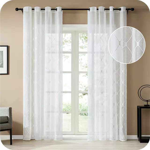 2x Vorhang Weiß Ösenvorhänge Voile Geometrisch Stickerei Transparent Gardine