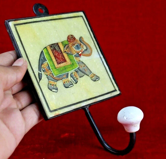 Old Indian Iron Wall Hook Vintage Art Handmade Elephant Painting Marble Tile Art