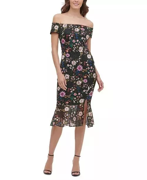 GUESS Off-The-Shoulder Lace Midi Dress Black Floral Size 2 $128