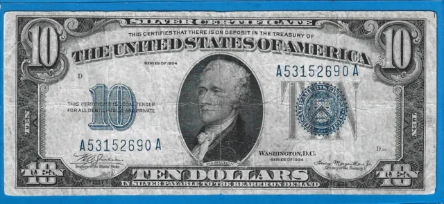 1934 $10 Silver Certificate Note,Blue Seal,Circ Fine,Nice!