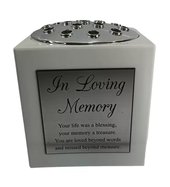 White Memorial Flower Vase Graveside Pot With Silver Lid And Personalised Plaque