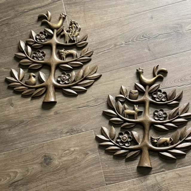 Vintage 60s MCM 2pc Homco Country Tree Animals Flowers Wall Hanging Burwood VTG