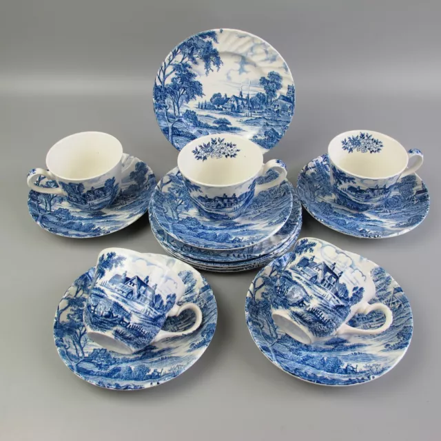 Ridgway Meadowsweet Tea Set Service. 5 Cups & Plates. Blue transferware. Vintage