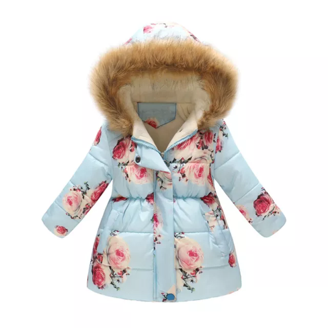 Children Jacket Mid-length Warm Floral Print Plush Hooded Pockets Padded Jacket