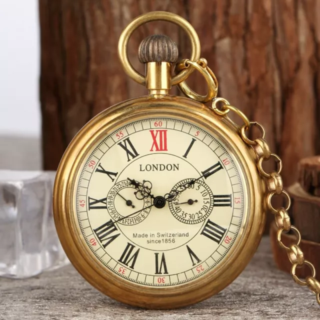 Mens Vintage Mechanical Pocket Watch with Chain Brass Open Face Case Fob Watches