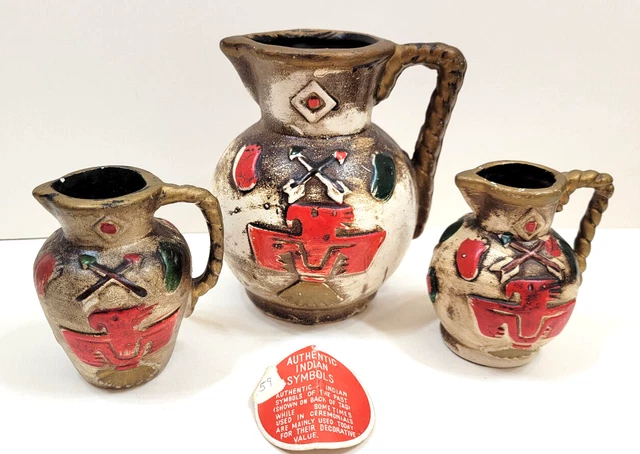 Authentic Indian Symbols of The Past Ceramic Pitchers Set 3 Thunderbird  Vintage