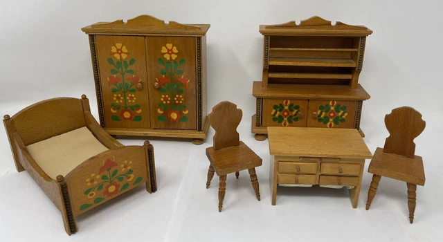 Vtg 6pc Doll House Furniture Hand Painted Dora Kuhn? Kitchen Bedroom Dollhouse Vtg 6pc Doll House Furniture Hand Painted Dora Kuhn? Kitchen Bedroom Dollhouse