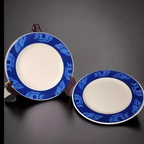 Set Of 2 Windsor Browne White Cobalt Blue Rim Floral Leaf Dinner Plate 10" ITALY