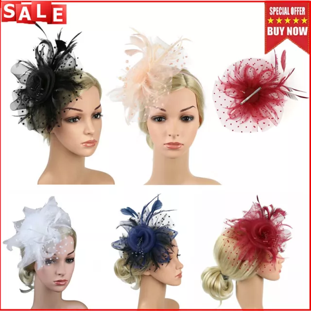 Women Fascinator Hat Cocktail Bridal Tea Party Headband Flower Feather Hair Clip