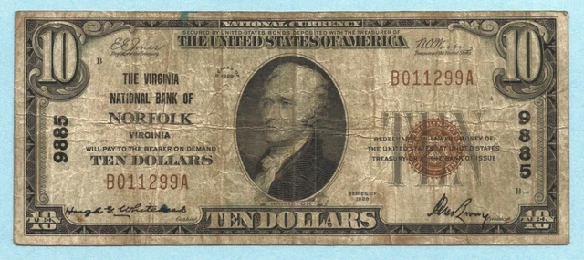 $10 National Currency 1929 - Type 1 - Ch#9885 - Virginia NB, Norfolk, VA - F+