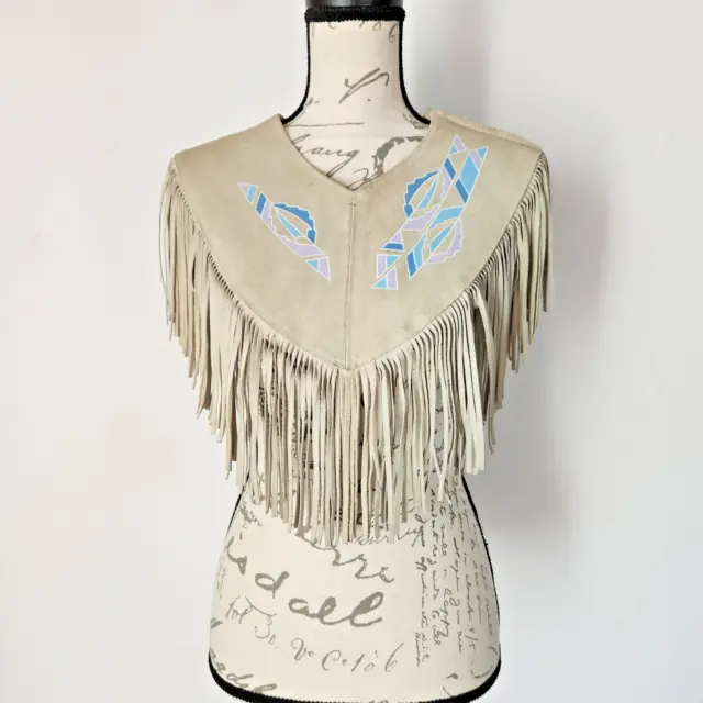 Vintage Pioneer Wear Split Leather Native Western Fringe Poncho Beige Women One