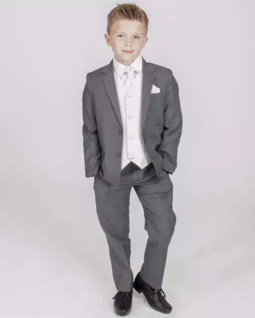 Abiti Ragazzi Ragazzi Grigio Avorio Abito Vita Matrimonio PageBoy Festa Formale 5pz Abito