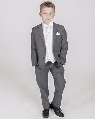 Boys Suits Boys Grey ivory Waistcoat Suit Wedding PageBoy Formal Party 5pc Suit