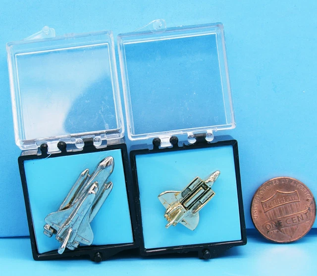 NASA tie tack PIN PAIR '80s vtg Full Stack Space Shuttle / Open Bay / MIB Adsco