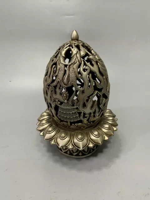 Old Chinese tibet silver handcarved eight treasures Hollow incense burner 6801