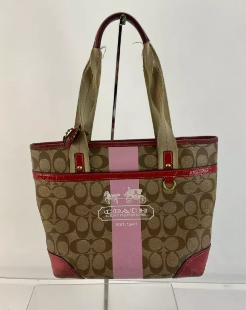 Coach Khaki Brown Red Signature Coated Canvas Leather Trim Tote