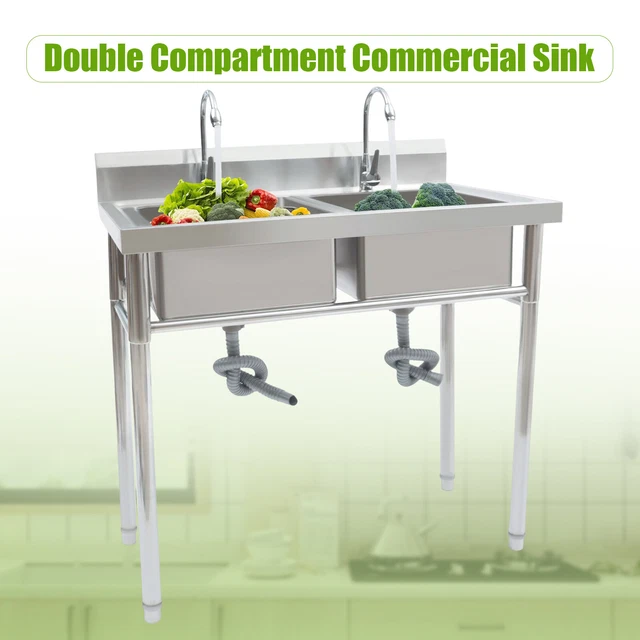 Commercial 2 Compartment Stainless Steel Kitchen Sink Dual Drainboard w/ Faucet
