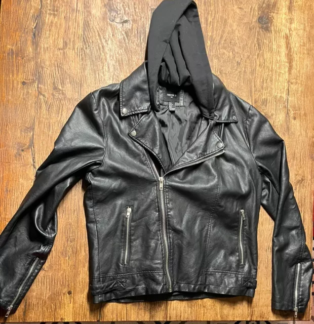 Forever 21 Mens Faux Leather Jacket w/ Hood. Great Condition.