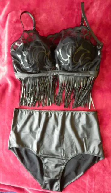 Intimissimi Leder Look Bh 80C Panty L Sexy Lingerie Tüll Fransen Cheeky Dessous