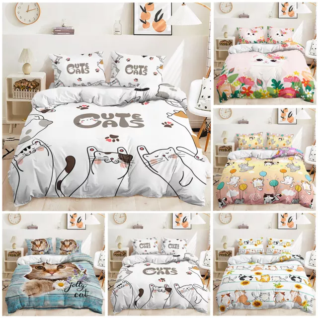 Flowers Pet Cats Jolly Cat Cartoon Animal Print Doona Duvet Quilt Cover Bed Set