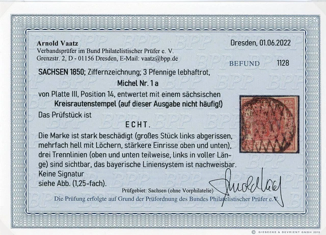 Sachsen MiNr. 1Ia (Sachsen Dreier) BPP Foto-Befund Vaatz 2022