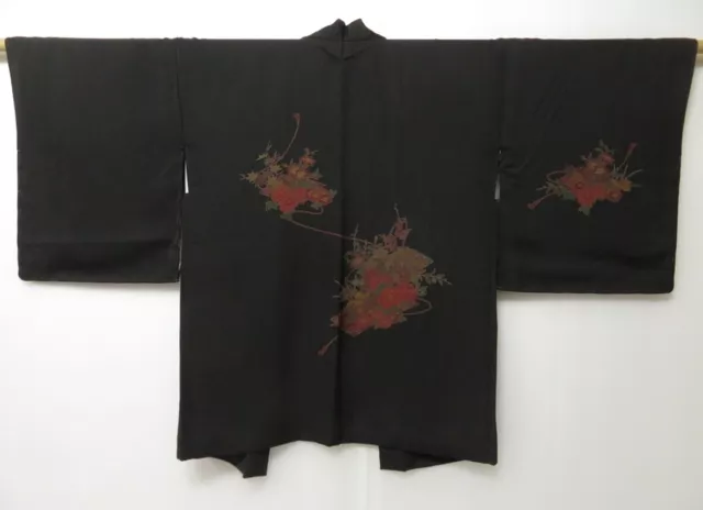 0508T03z550 Vintage Japanese Kimono Silk HAORI Black Flowers