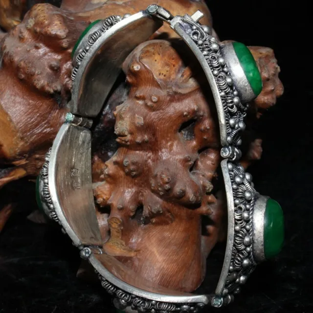 Exquisite Old Chinese tibet silver inlay green jade handmade Bracelet 80269
