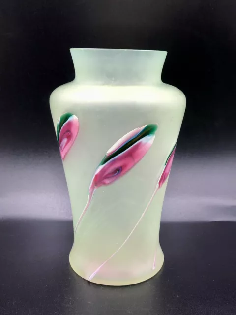 Antique Loetz Uranium Vaseline Glass Vase Purple Orange Pulled Feather Design