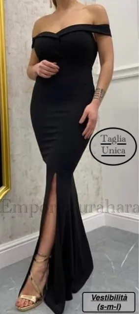 Abito Donna Lungo Cerimonia Vestito Elegante Da Sera Nero Scollato Con Spacco