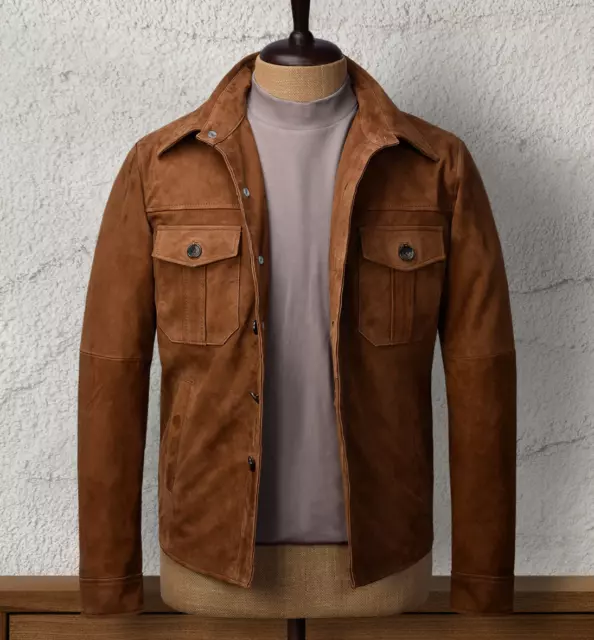 Mens Brown Leather Trucker Jacket Pure Suede Custom Made Size S M L XL 2XL 3XL