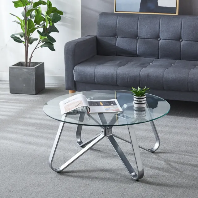 Coffee Table Round Glass Living Room Centre Table With Black/Silver Metal Legs